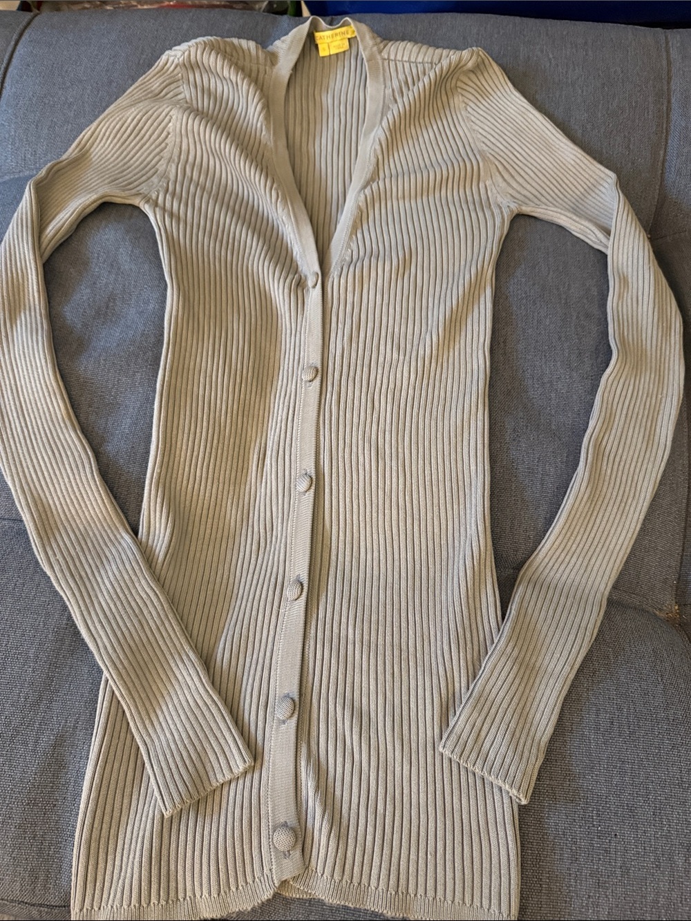 Catherine Ribbed Gray Long Cardigan with V Neckline. Size small.